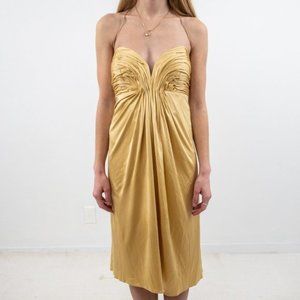 Anthro Y2K XS Silk Ruched Goddess Mini Dress Gold